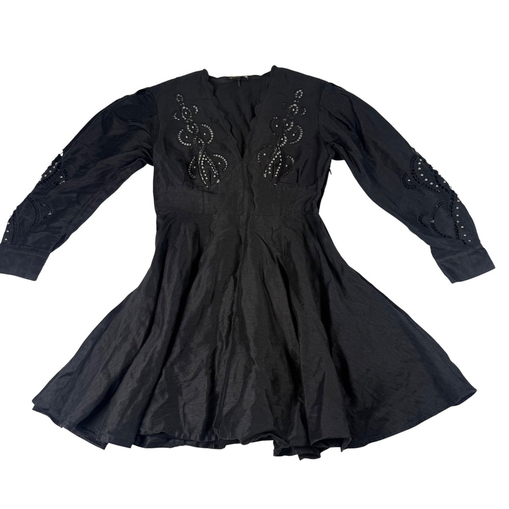 Maje Black Studded Eyelet Embroidered Mini Dress Womens 40 Linen Dark Romantic